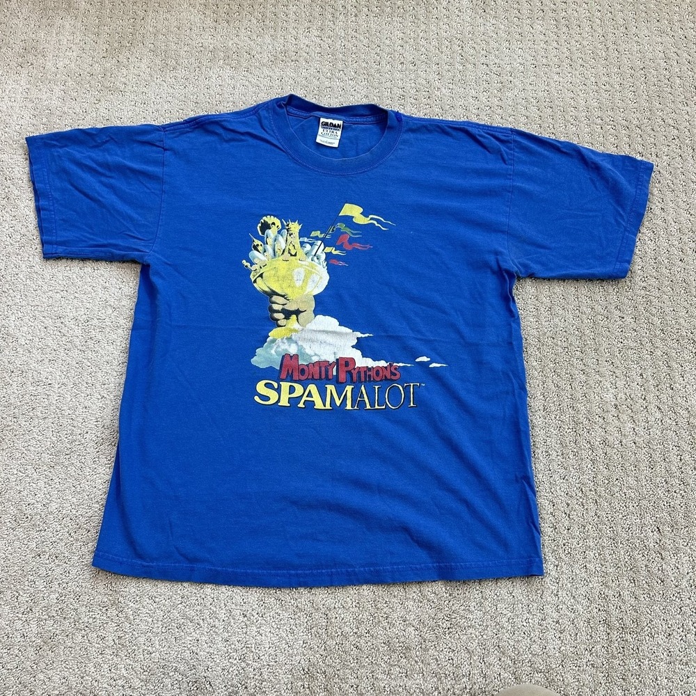 Vintage Monty Python T-Shirt Large Spamalot Musical Y2K Blue Short Sleeve 2000's